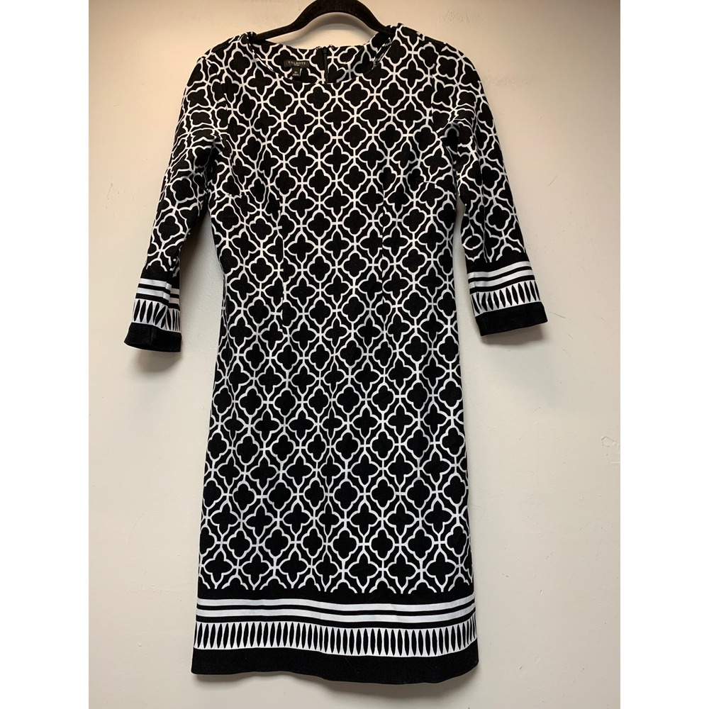 Talbots Sheath Dress Women 6P‎ Black White Excellent Geometric 3/4 Sleeve 12404